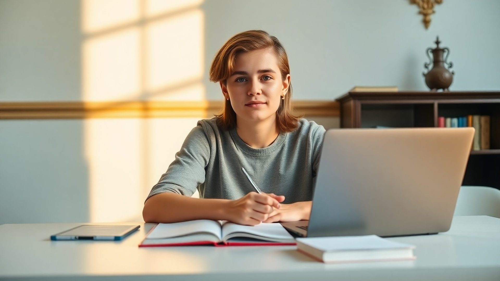 Mladá studentka u pracovního stolu s otevřeným notebookem v azurově laděném prostředí