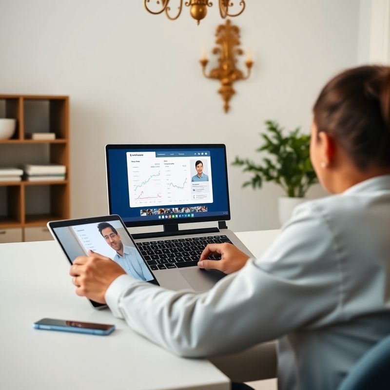 Osoba sledující finanční webinář na notebooku v klidné domácí kanceláři